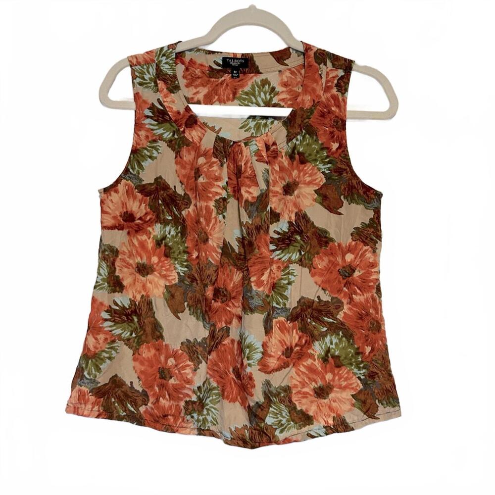 Talbots Silk Floral Brown, Cream, Coral & Tan Shell Top | size 8 petite